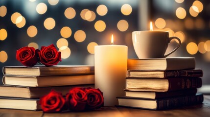 A cozy table adorned with flickering candles, a steaming cup of coffee, and open books, creating a warm atmosphere perfect for a romantic Valentine's evening.