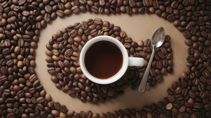 Fototapeta premium A beautifully arranged cup of coffee surrounded by coffee beans, creating a cozy and inviting atmosphere.