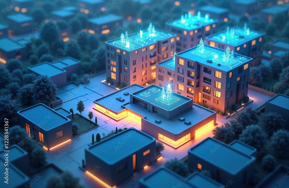 Aufkleber modern smart home systems show digital tech in city. smart buildings illustrate tech concepts. night