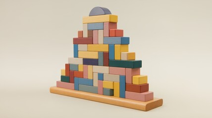 Fototapeta premium A colorful pyramid structure made of wooden building blocks in various shapes and pastel colors, set against a neutral background.