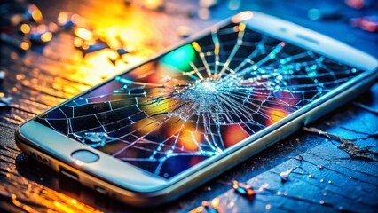 Fototapeta premium Shattered Smartphone Screen Close-Up: Repair & Technology Accident Stock Photo