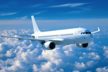 Obraz premium Flying over fluffy white clouds brightened by sunlight during a clear day with a jet airplane cruising at high altitude. Generative AI