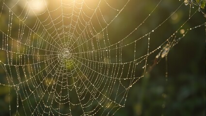 Naklejka premium Sparkling spider web with dewdrops in morning light