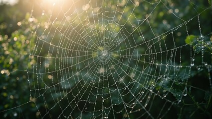 Fototapeta premium Sparkling spider web with dewdrops in morning light
