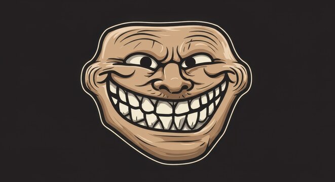 Cartoonish face with exaggerated smile and wide eyes on dark background