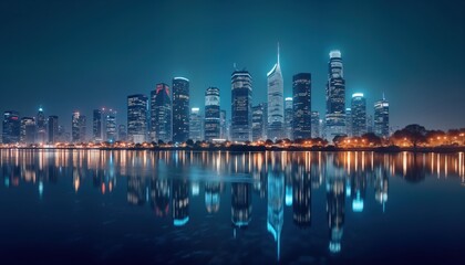Fototapeta premium Modern city skyline at night. Skyscrapers with illuminated lights reflect on calm water. Urban landscape with tranquil atmosphere. Tech innovation in business center. Global perspective for modern