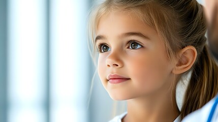 Fototapeta premium Young girl with bright blue eyes and ponytail looking up dreamily against soft window light background, expressing hope, innocence and childhood wonder.