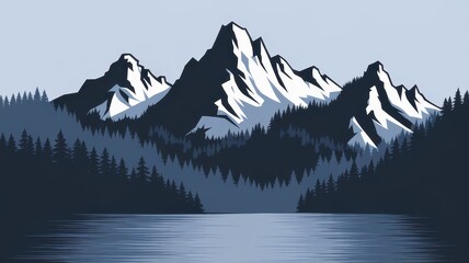 Scenic mountain landscape featuring snow-capped peaks, dense evergreen forests, and a calm reflective lake showcasing a serene atmosphere.