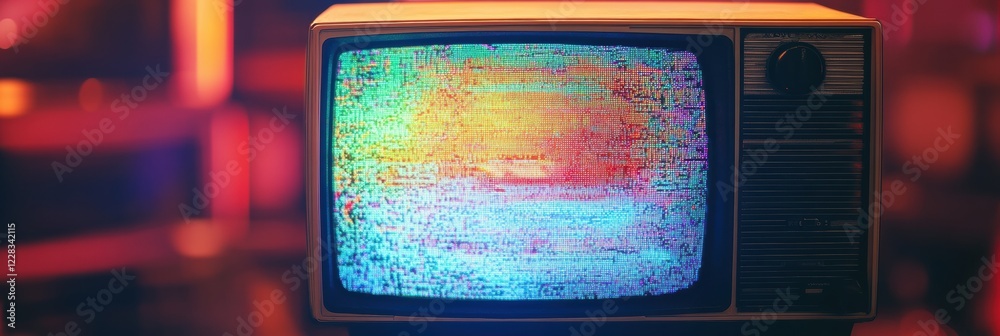 Poster retro television displaying vibrant static noise and colorful glitch patterns in a nostalgic setting