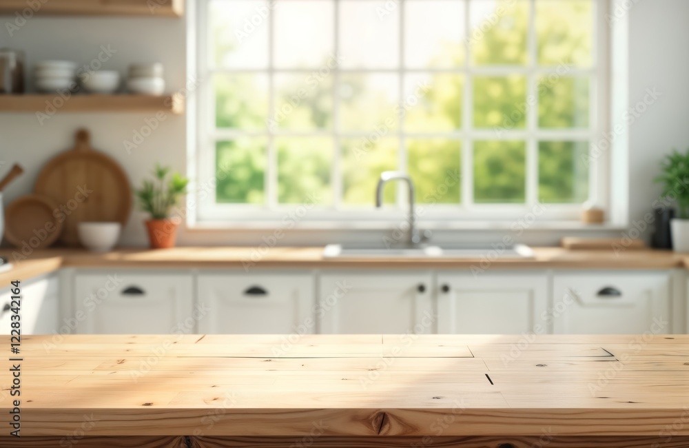 Aufkleber empty wooden table in front of blurred kitchen. sunny day through window. calm, tranquil scene. natu