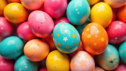 A pile of bright, assorted Easter eggs; some cracked, others whole , bunny, colorful background