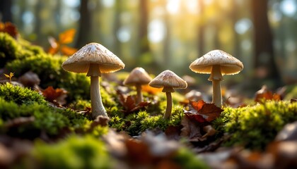 A hyper-realistic close-up shot of mushrooms growing on the forest floor, surrounded by moss and fallen leaves. The mushrooms have detailed textures, with their caps glistening from moistur