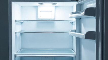 An empty refrigerator with its door open is illuminated with cool, white light.  Concept of food scarcity.