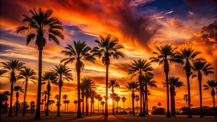 Obraz premium Silhouetted Black Palm Trees at Vibrant Orange Sunset - Dramatic Architectural Photography