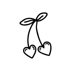 Doodle illustration of two heart-shaped cherries isolated on a white background. Romantic vector illustration. Black and white simple illustration. Vector stock image isolated on white background.