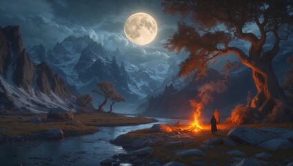 Mountains under the night sky and bright moon