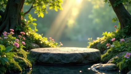 A stone platform sits by the water in a tranquil, sunlit forest setting. Concept of serene product display.