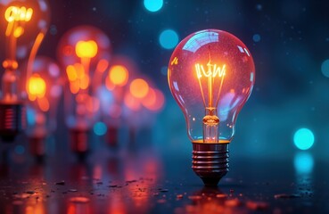 Vibrant lightbulb innovative ideas, inspiration. Modern concept for startup businesses. Abstract design represents creativity, new concepts. Glowing bulb stands out against dark background with