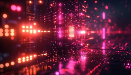 Obraz premium Glowing red grid pattern against dark background, perspective view for tech uses