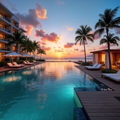 Fototapeta premium Luxury beachfront resort at sunset. Infinity pool overlooks calm ocean. Private cabanas for guests. Tropical paradise setting. Perfect for relaxing summer vacation. Beachfront property with stylish