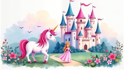 Cute unicorn, princess near beautiful castle. Girl walks towards castle with pink dress. Unicorn pink mane, tail. Fantasy theme. Whimsical illustration. Pastel colors. Suitable for children room