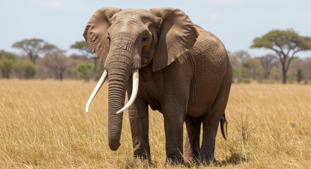 Obraz premium Majestic elephant standing in golden grassland under a clear sky