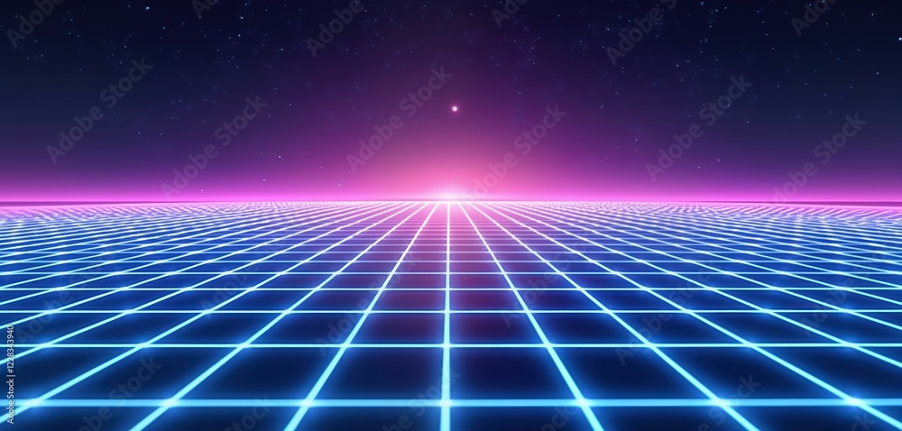 Poster Futuristic background shows grid pattern. Blue, purple glows, lines create starry sky effect. Abstract design with laser grid creates tech vibe. Modern cosmic theme. Cyberpunk, digital art style.
