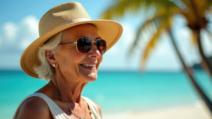 A smiling senior woman wearing a hat and sunglasses is on a tropical beach. Concept of relaxed retirement.