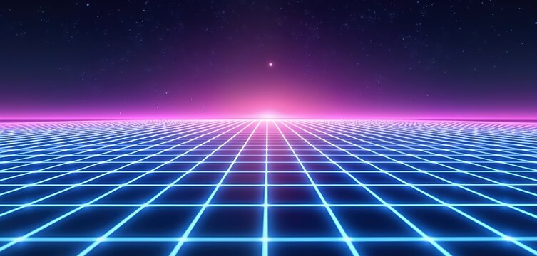 Futuristic background shows grid pattern. Blue, purple glows, lines create starry sky effect. Abstract design with laser grid creates tech vibe. Modern cosmic theme. Cyberpunk, digital art style.