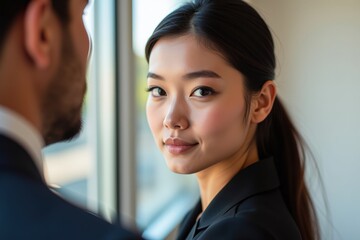 A Professional Asian Woman in Business Attire Engages in a Thoughtful Conversation with a Colleague in a Modern Office Setting