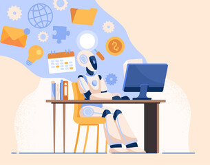 Robot working at computer desk. Vector illustration