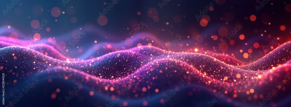 Poster abstract digital particles form wavy pattern. colorful sparkling elements create dynamic motion desi