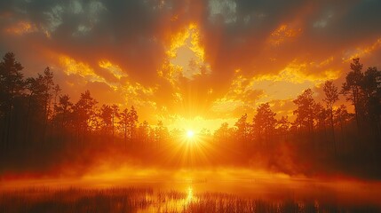 Obraz premium Majestic Sunrise Over Foggy Forest Lake