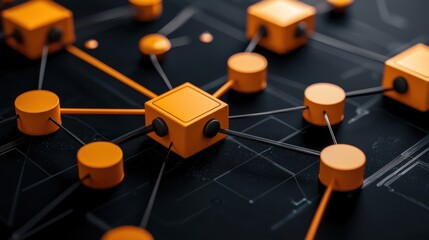 Business strategy technology execution concept. Abstract network design with orange nodes and lines on a dark background.