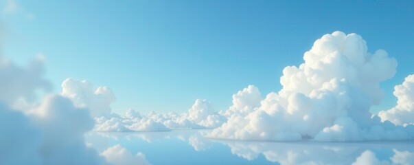 Softly gray clouds float in a vast blue expanse, calm, abstract