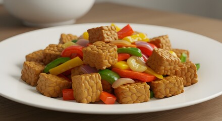 "Hyper-realistic image of a delicious tempeh stir-fry served on a white plate. The tempeh should be cut into small cubes, perfectly browned, and caramelized on the edges, mixed with colorful