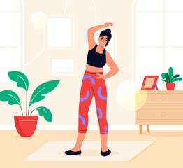 Woman stretching in home workout. Vector illustration