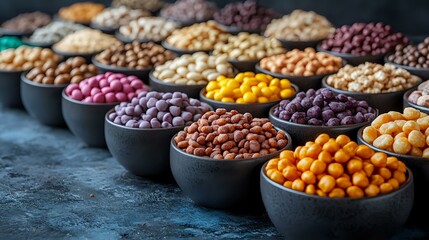 Fototapeta premium Colorful assortment of dried legumes and pulses in black ceramic bowls arranged in rows on dark background, featuring variety of beans, peas, and lentils.