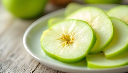 "Hyper-realistic close-up of thinly sliced green apples arranged neatly on a white ceramic plate. The apple slices should have a vibrant green color, with visible texture from the crisp fles