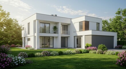 A modern house in a charming suburban setting, offering stunning views and architecture.