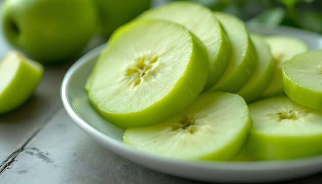 "Hyper-realistic close-up of thinly sliced green apples arranged neatly on a white ceramic plate. The apple slices should have a vibrant green color, with visible texture from the crisp fles