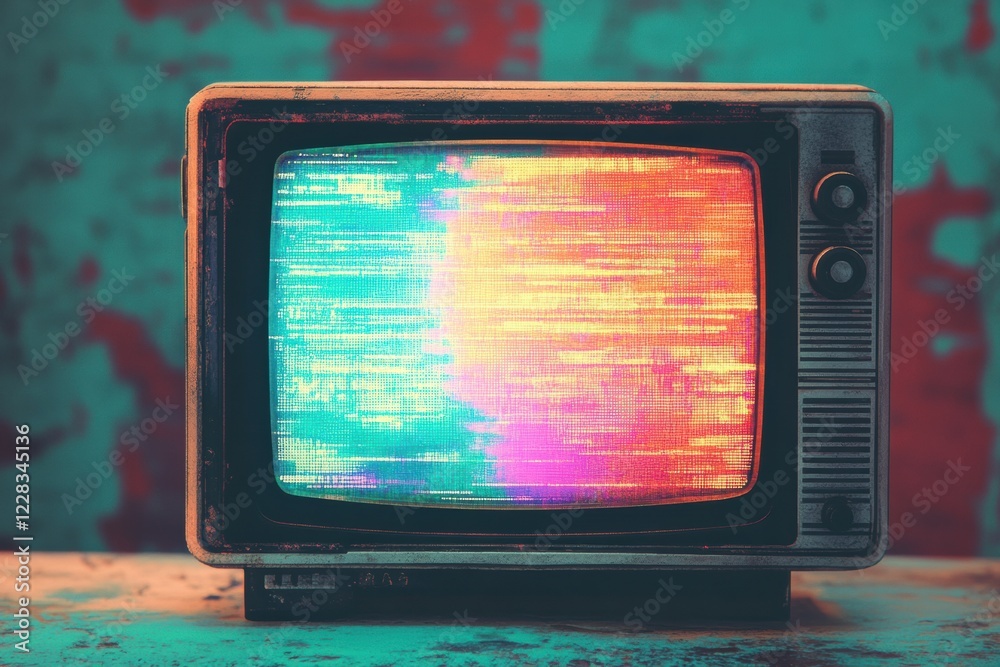 Poster Retro television screen displaying colorful glitch patterns and static noise for a nostalgic viewing experience. Generative AI