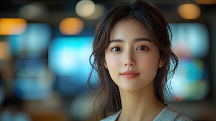 Close-up portrait of a young woman with long dark hair and clear skin, looking directly at the camera with a neutral expression.