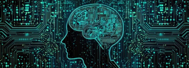 Fototapeta premium Abstract blue background with circuit board and human head silhouette for artificial intelligence concept design Generative AI