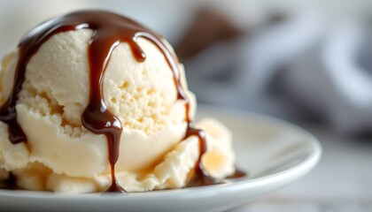 "Hyper-realistic close-up of a single scoop of creamy vanilla ice cream topped with a glossy drizzle of rich chocolate syrup. The ice cream should have a smooth, slightly glossy surface with