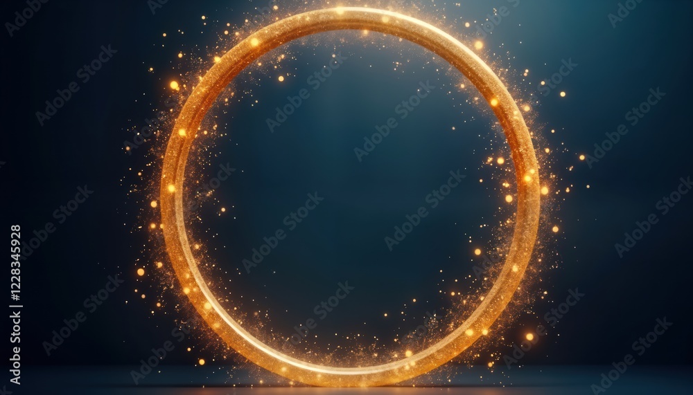 Poster golden ring frame with sparkling dust on dark blue background. circular border creates elegant glowi