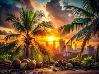 Silhouette of Palm Trees and Coconuts at Dusk, Urban Exploration Photography, Tropical Cityscape