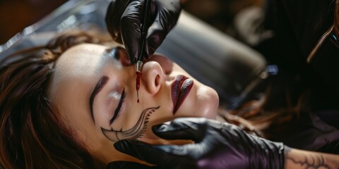 A skilled tattoo artist is meticulously crafting a detailed facial tattoo with precision, showcasing their artistry. The artist, in gloves, uses ink and a needle, staying focused on the task