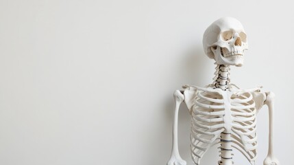 An abstract representation of a human skeleton with highlighted joints, set against a clean white background, Minimalist style