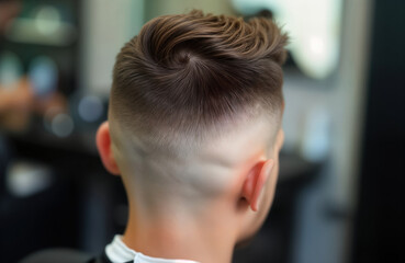 Close-up view of man freshly buzzed haircut from back. Stylish short hair with precise fade. Haircut shows careful grooming, attention to detail. Modern, clean look. Man sitting in barbershop chair.